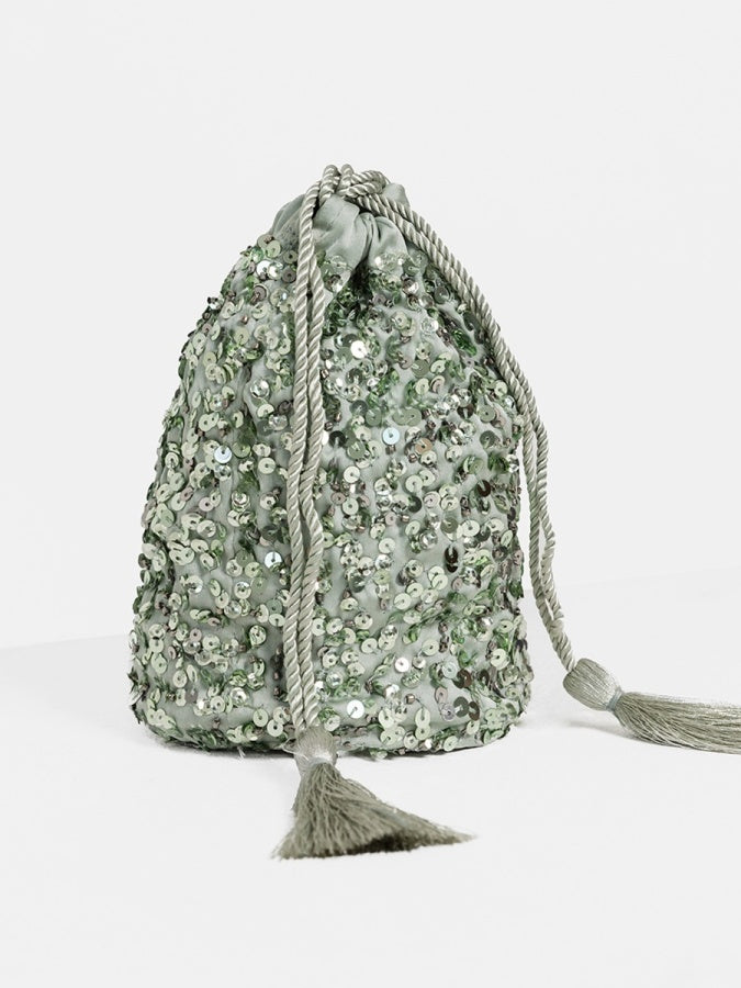 Maya Sage Green Lily Embellished Drawstring Purse