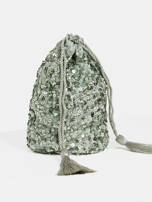 Maya Sage Green Lily Embellished Drawstring Purse