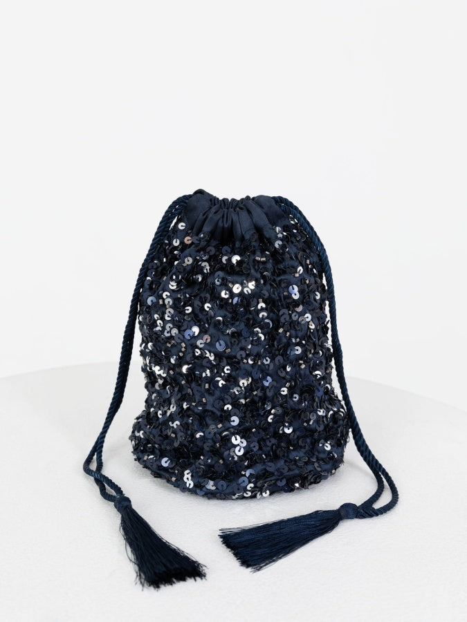 Maya Navy Embellished Drawstring Purse
