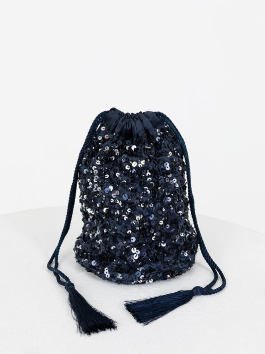 Maya Navy Embellished Drawstring Purse