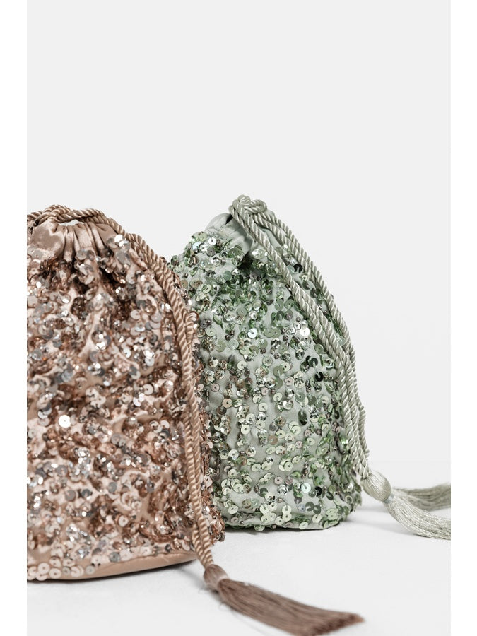 Maya Taupe Blush Embellished Drawstring Purse