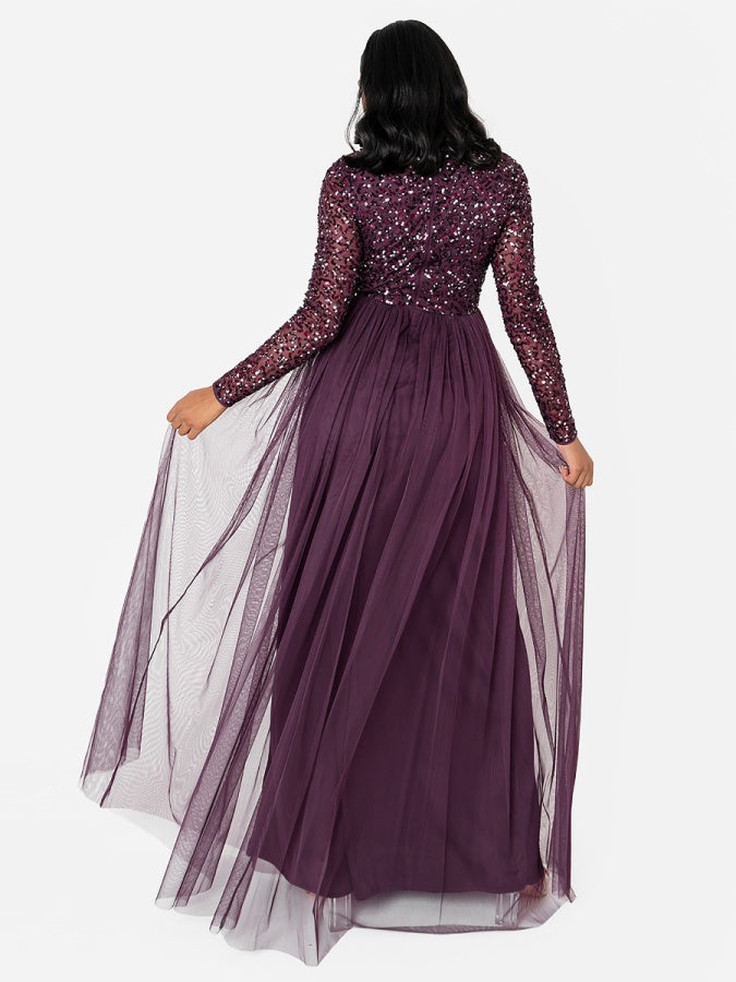 Maya Berry Embellished Long Sleeve Maxi Dress