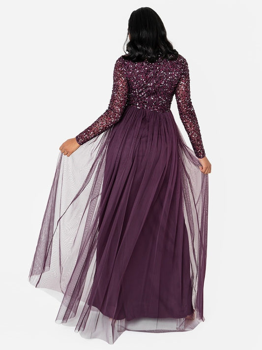 Maya Berry Embellished Long Sleeve Maxi Dress