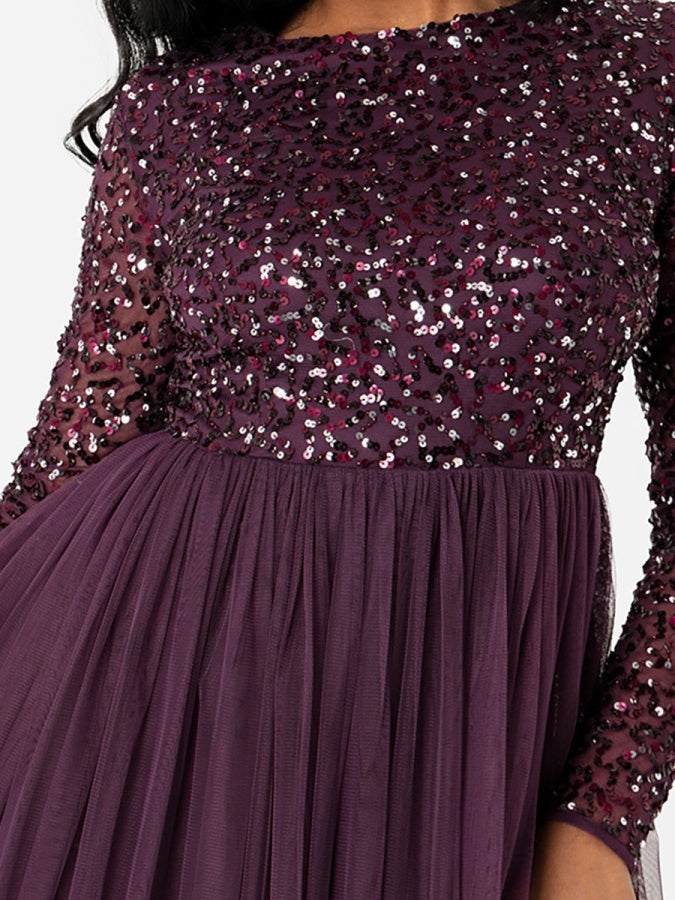 Maya Berry Embellished Long Sleeve Maxi Dress