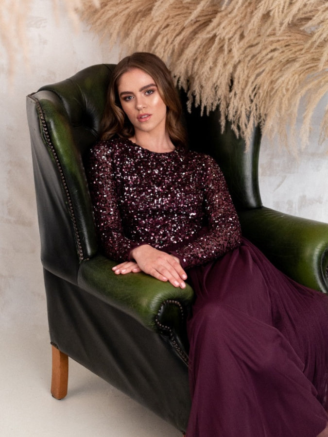 Maya Berry Embellished Long Sleeve Maxi Dress