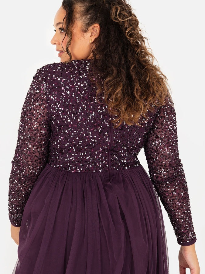 Maya Berry Embellished Long Sleeve Maxi Dress