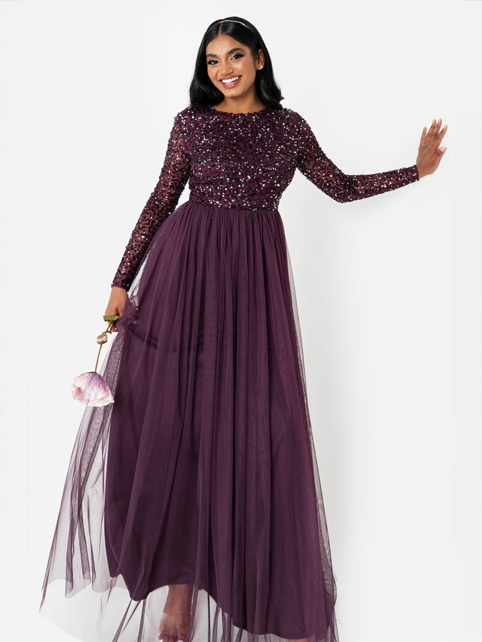 Maya Berry Embellished Long Sleeve Maxi Dress