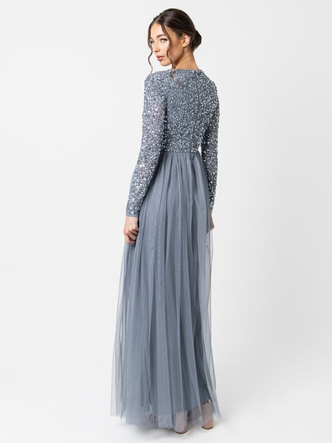 Maya Dusty Blue Embellished Long Sleeve Maxi Dress