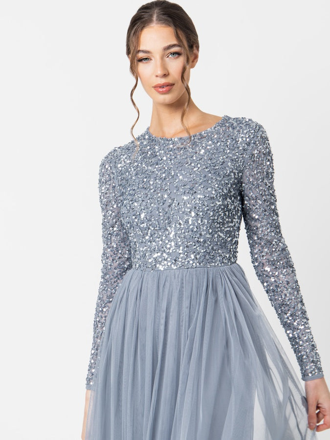 Maya Dusty Blue Embellished Long Sleeve Maxi Dress