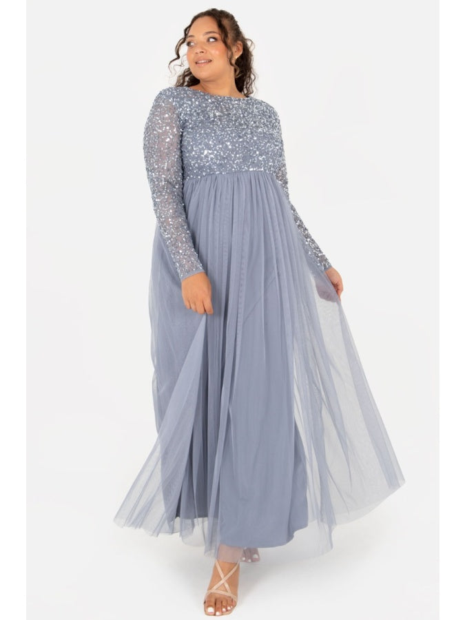 Maya Dusty Blue Embellished Long Sleeve Maxi Dress