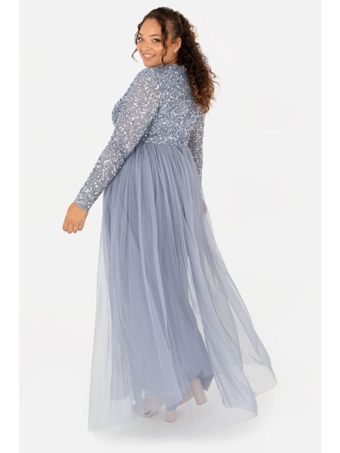 Maya Dusty Blue Embellished Long Sleeve Maxi Dress