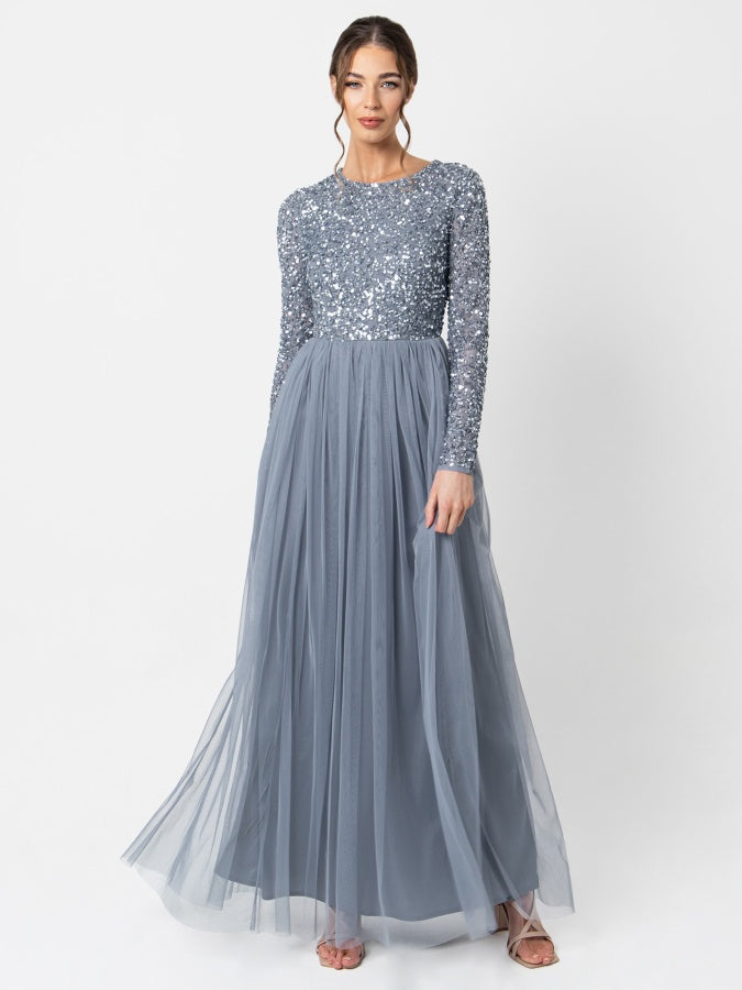 Maya Dusty Blue Embellished Long Sleeve Maxi Dress