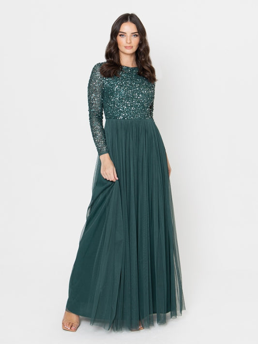 Maya Emerald Green Embellished Long Sleeve Maxi Dress