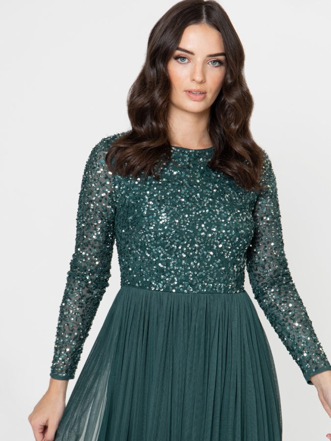 Maya Emerald Green Embellished Long Sleeve Maxi Dress