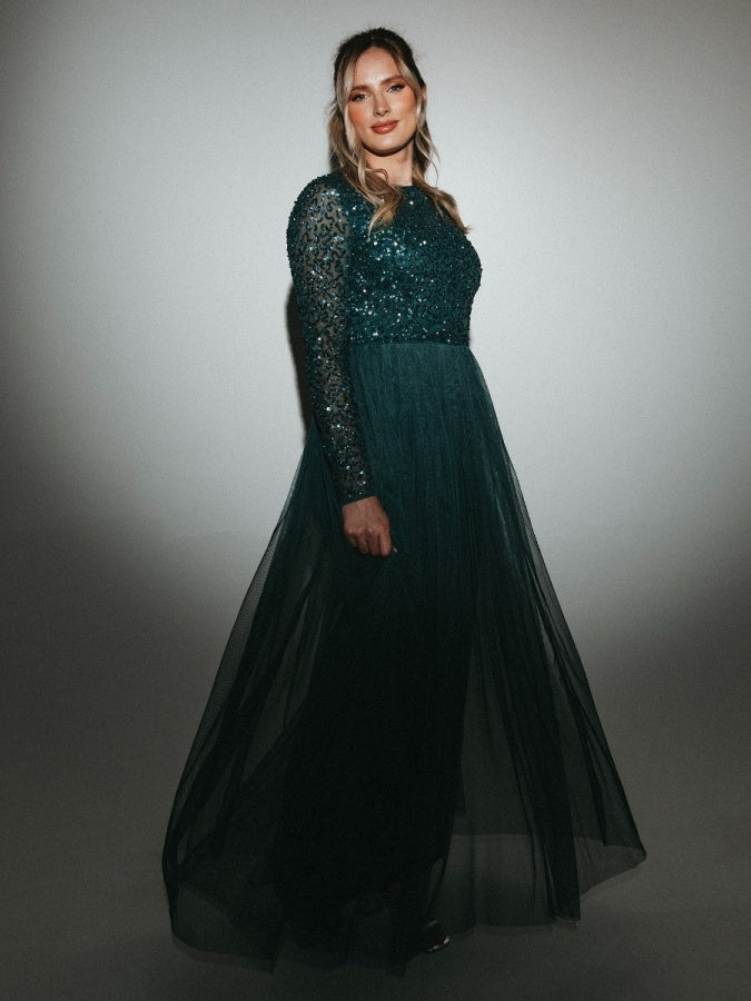 Maya Emerald Green Embellished Long Sleeve Maxi Dress