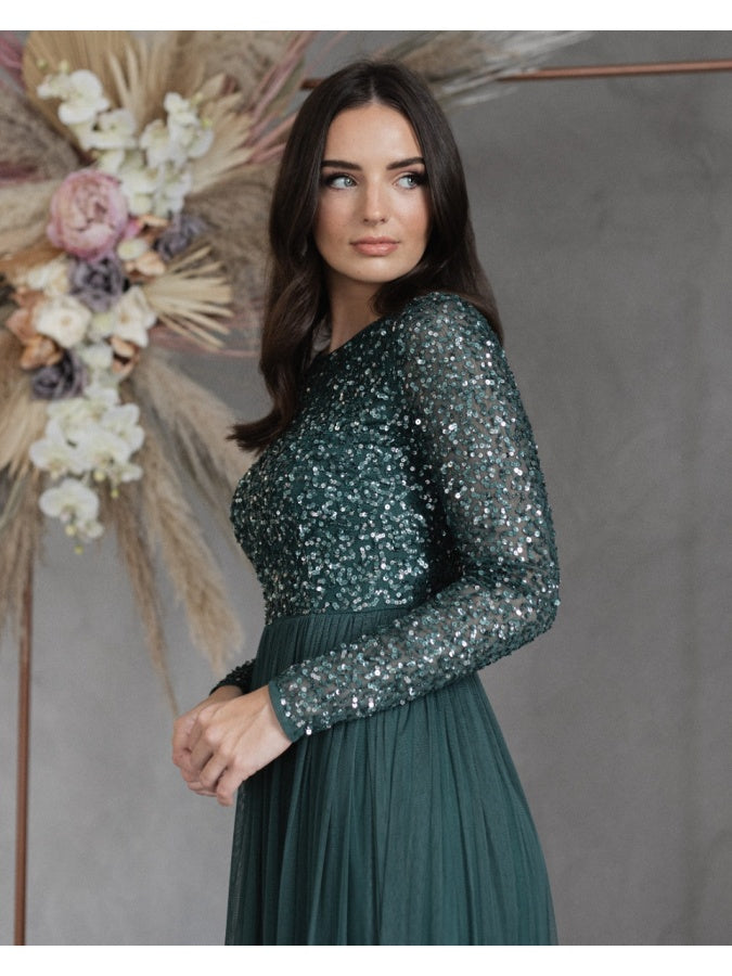 Maya Emerald Green Embellished Long Sleeve Maxi Dress