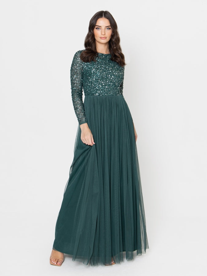 Maya Emerald Green Embellished Long Sleeve Maxi Dress
