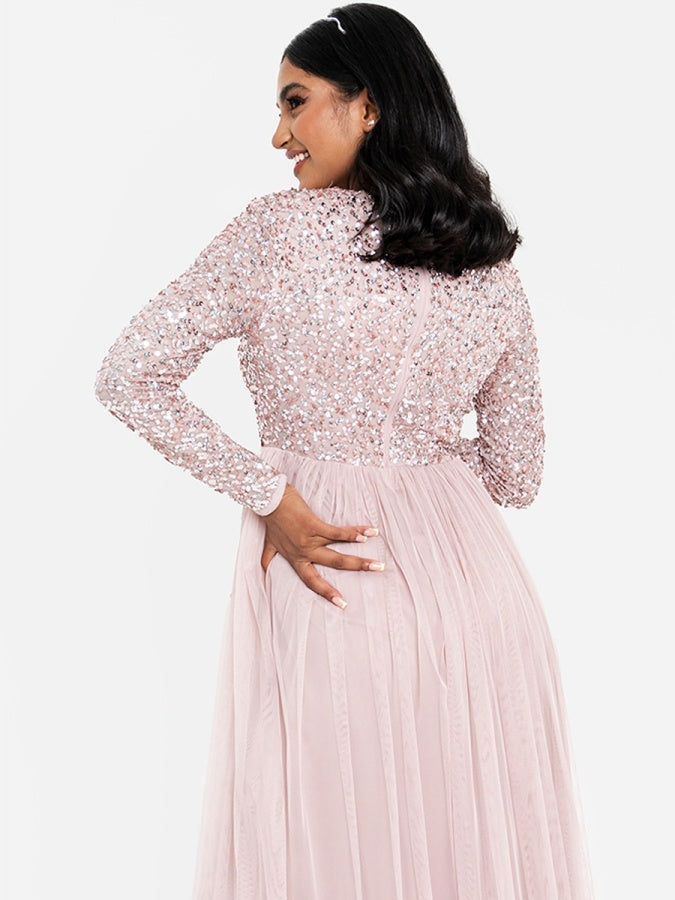 Maya Frosted Pink Embellished Long Sleeve Maxi Dress