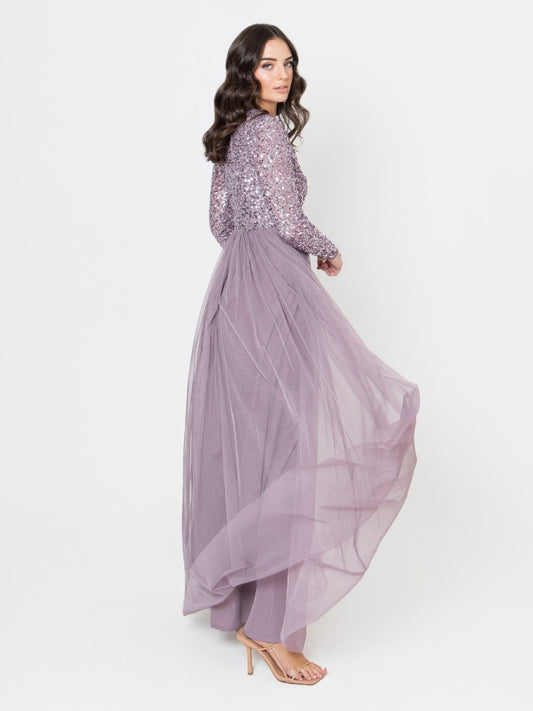 Maya Moody Lilac Embellished Long Sleeve Maxi Dress