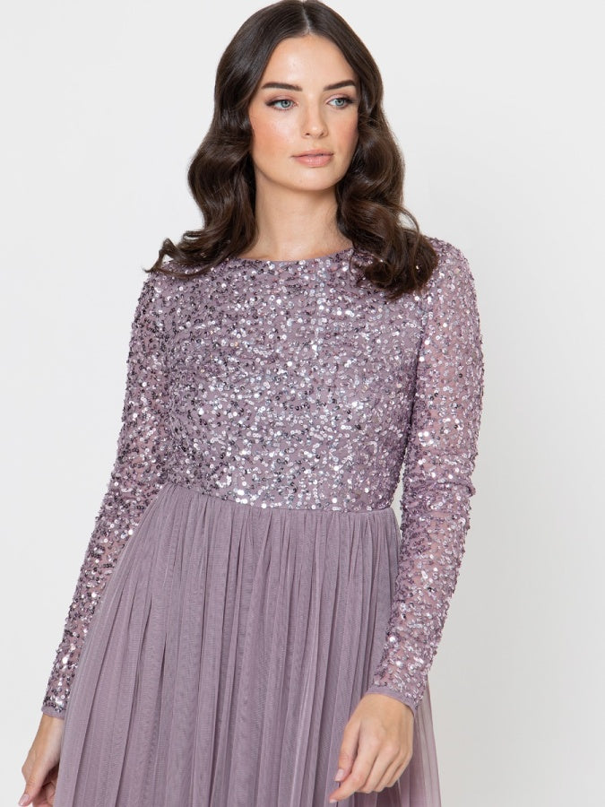 Maya Moody Lilac Embellished Long Sleeve Maxi Dress