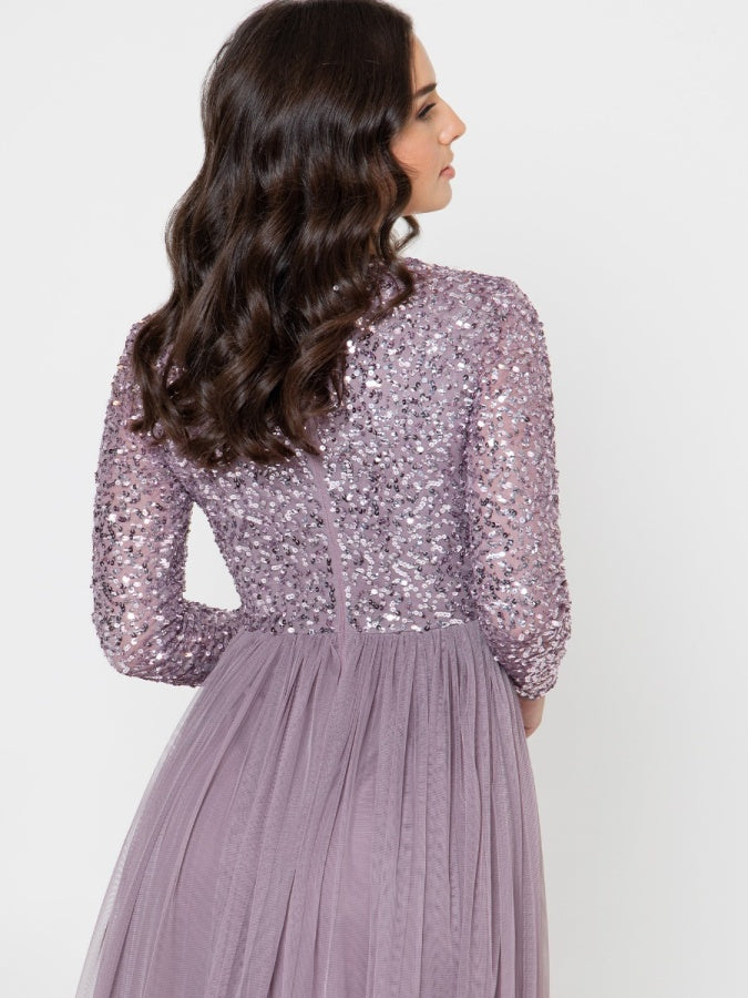 Maya Moody Lilac Embellished Long Sleeve Maxi Dress