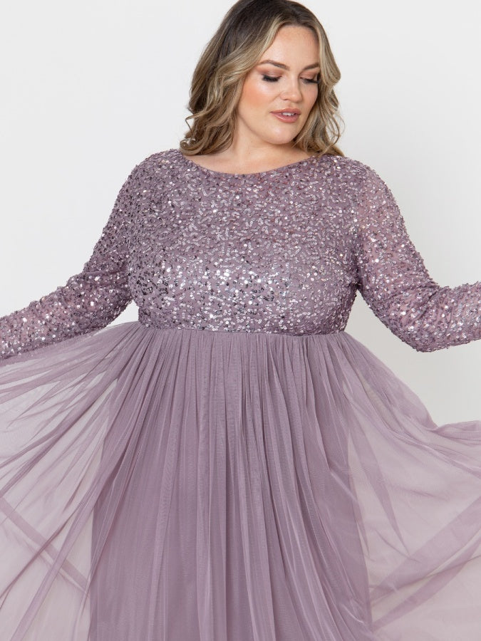 Maya Moody Lilac Embellished Long Sleeve Maxi Dress