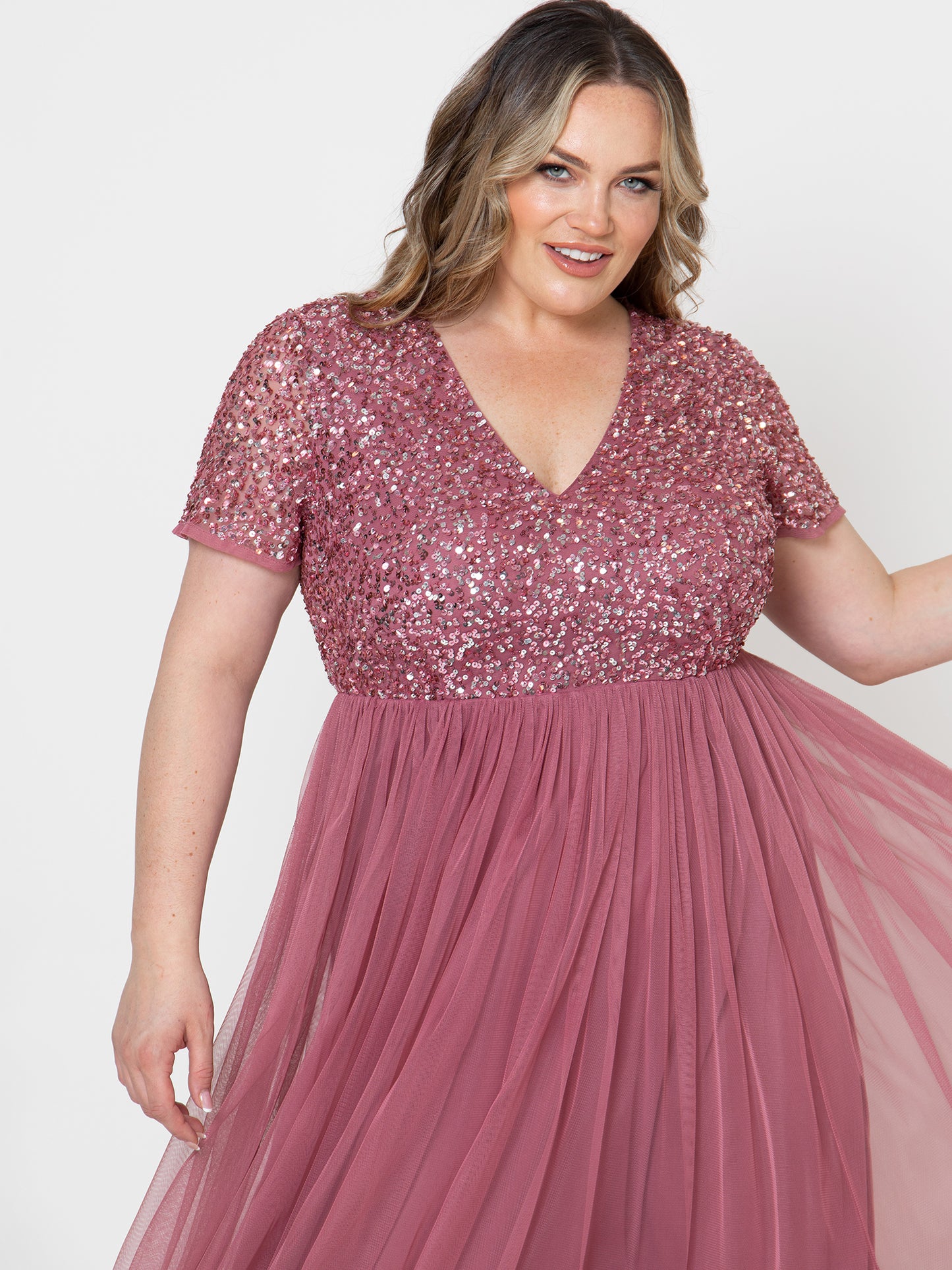 Maya Desert Rose Short Sleeve V Neckline Embellished Maxi Dress