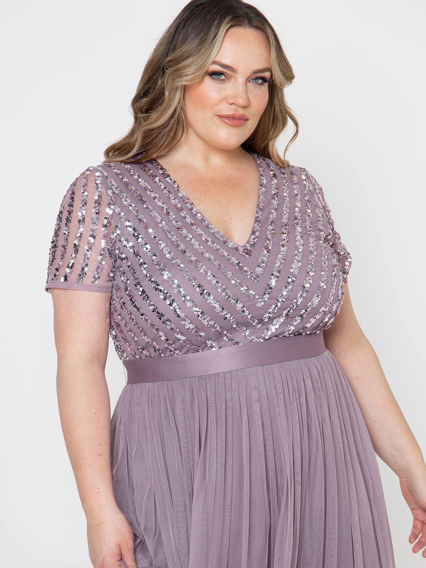 Maya Moody Lilac Stripe Embellished Maxi Dress With Sash Belt