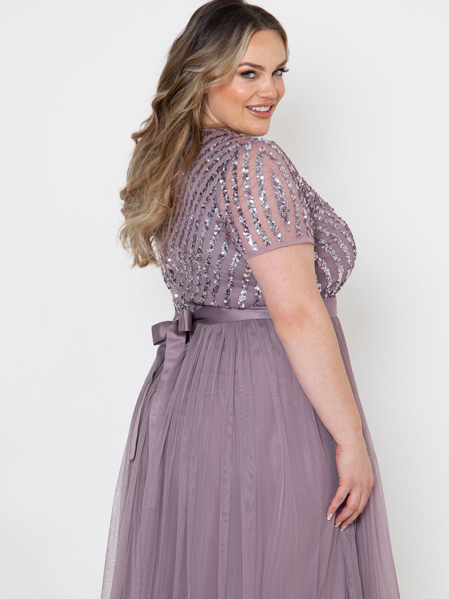 Maya Moody Lilac Stripe Embellished Maxi Dress With Sash Belt