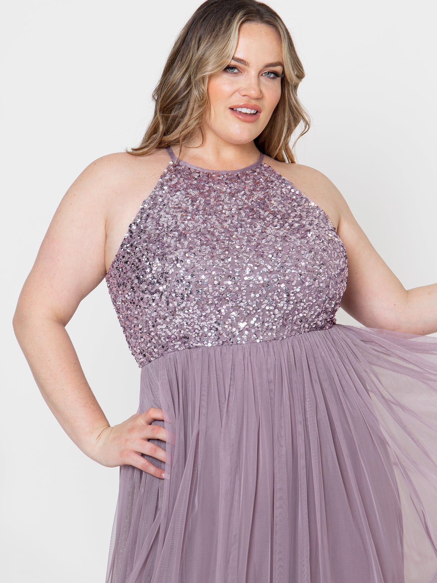 Maya Moody Lilac Embellished Halter Neck Maxi Dress