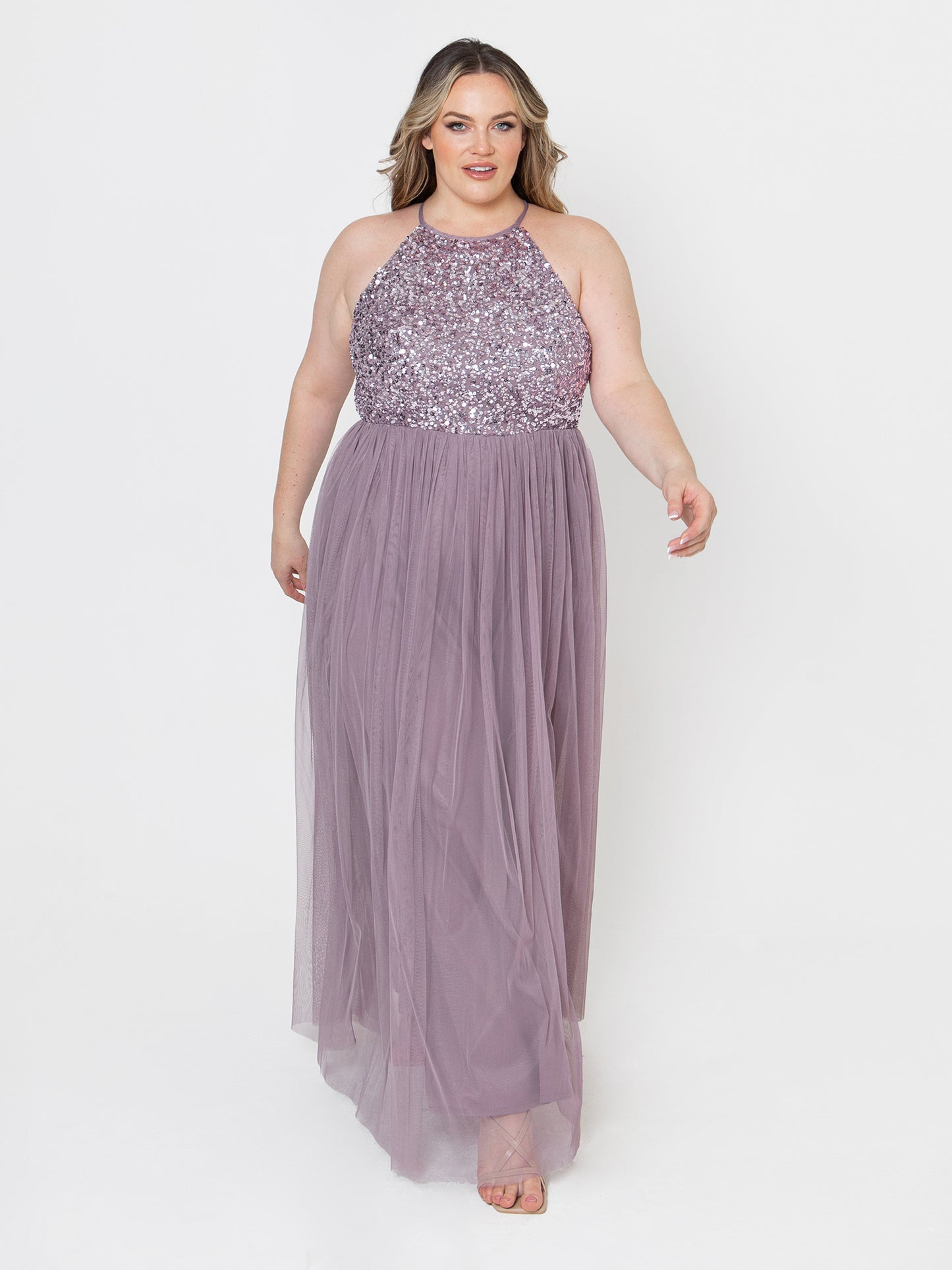 Maya Moody Lilac Embellished Halter Neck Maxi Dress