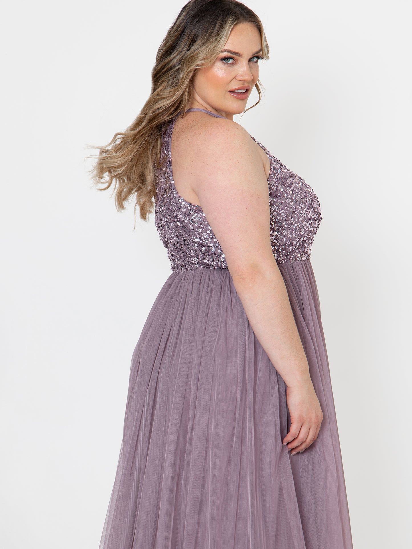 Maya Moody Lilac Embellished Halter Neck Maxi Dress