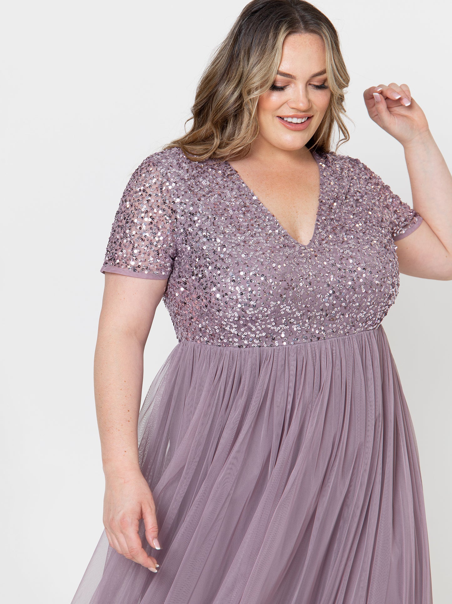 Maya Moody Lilac Short Sleeve V Neckline Embellished Maxi Dress