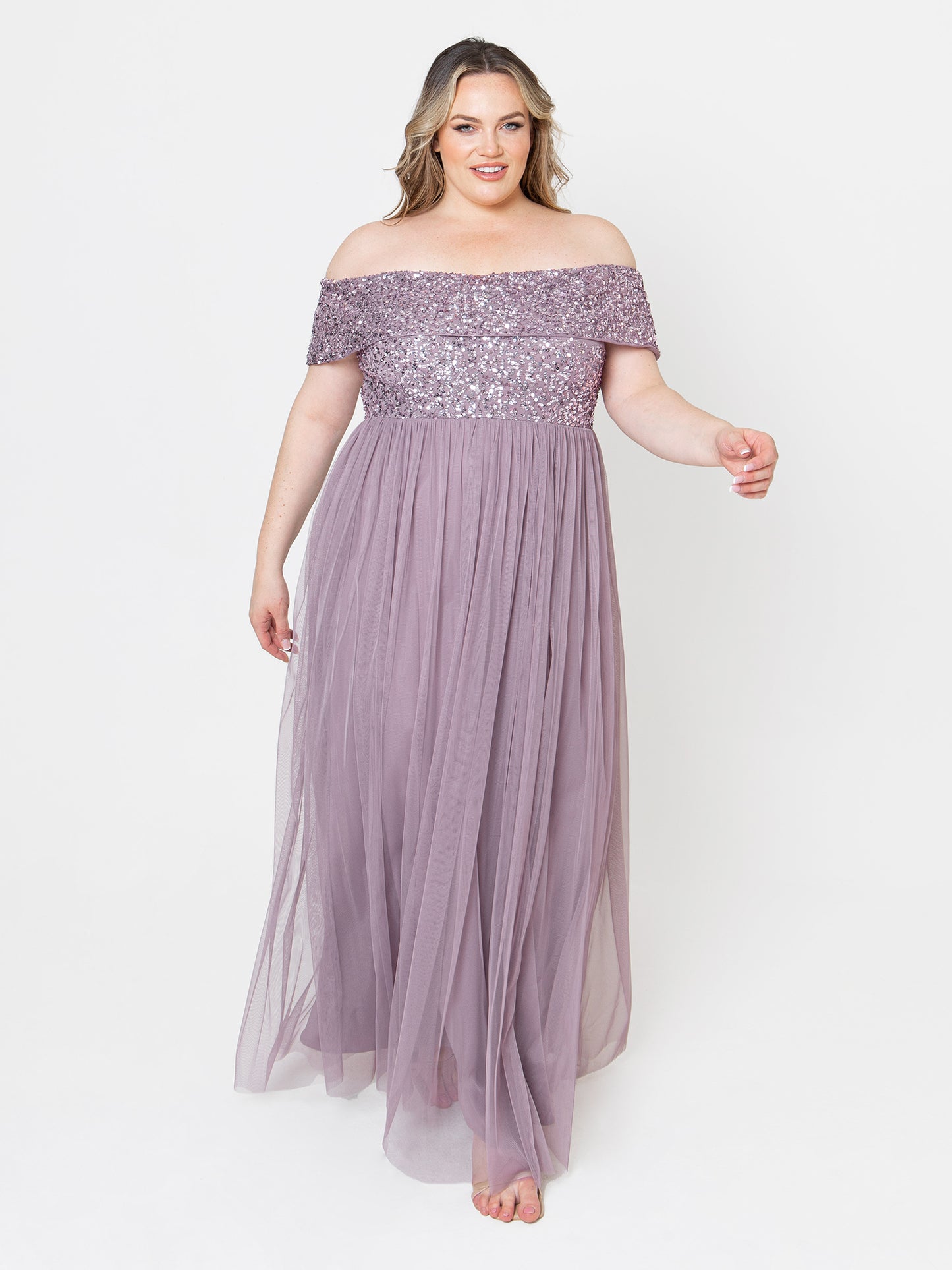 Maya Moody Lilac Bardot Embellished Maxi Dress