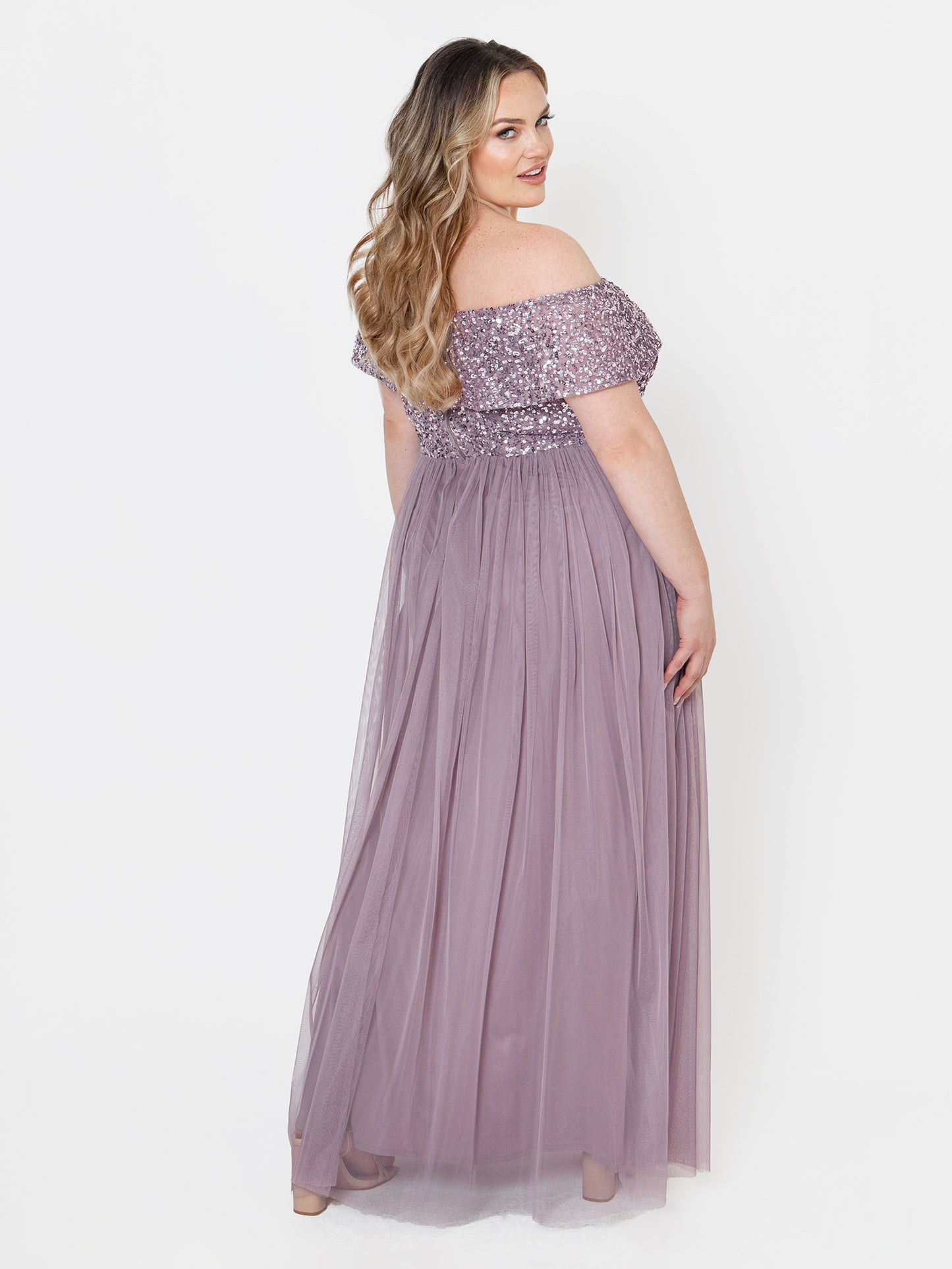 Maya Moody Lilac Bardot Embellished Maxi Dress
