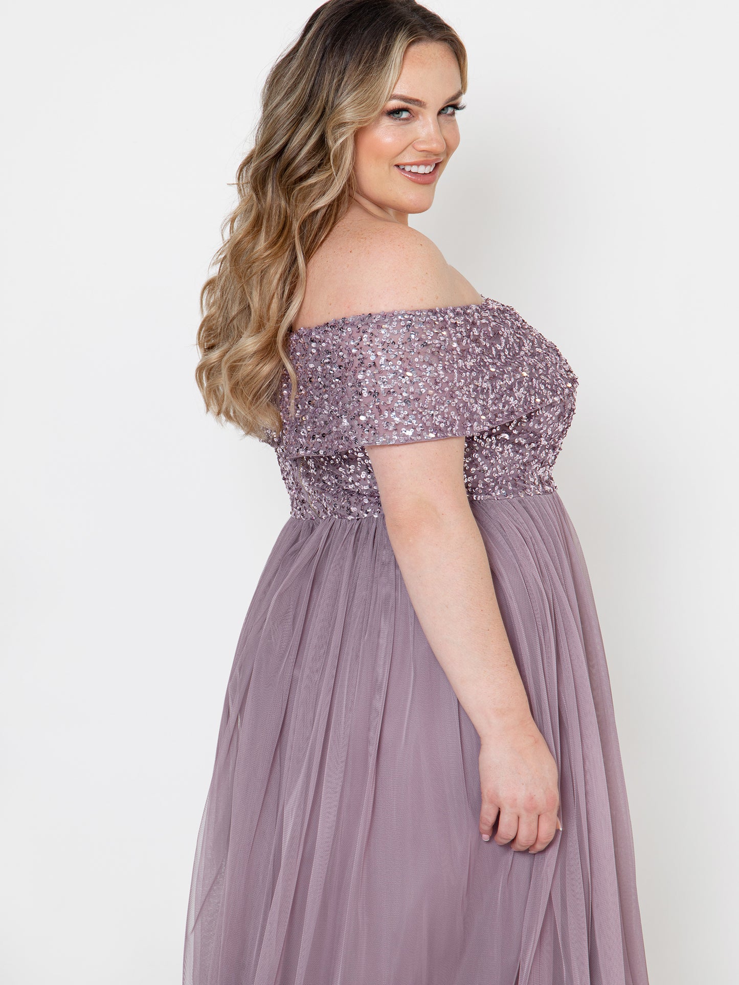 Maya Moody Lilac Bardot Embellished Maxi Dress