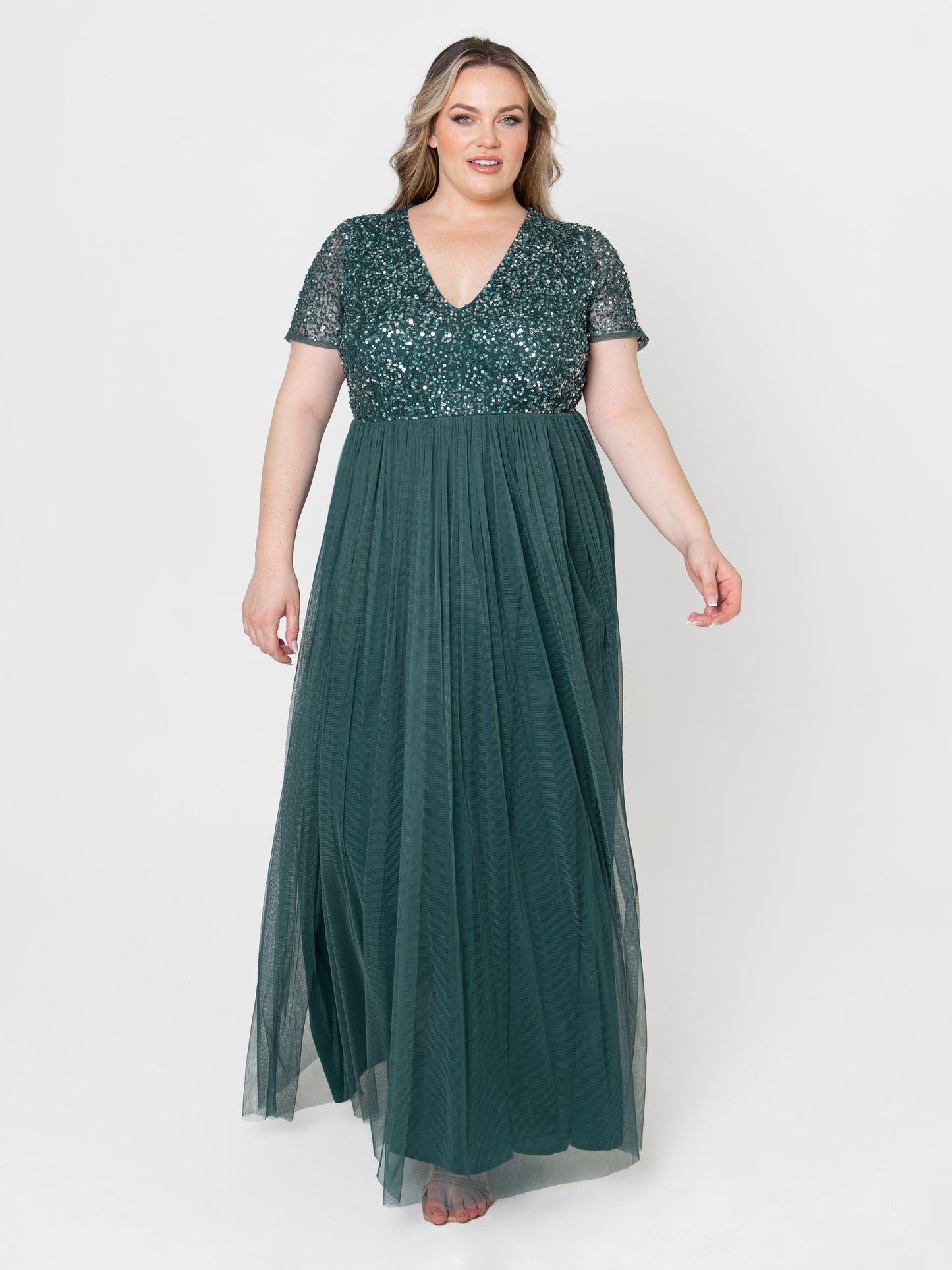 Maya Emerald Green Short Sleeve V Neckline Embellished Maxi Dress