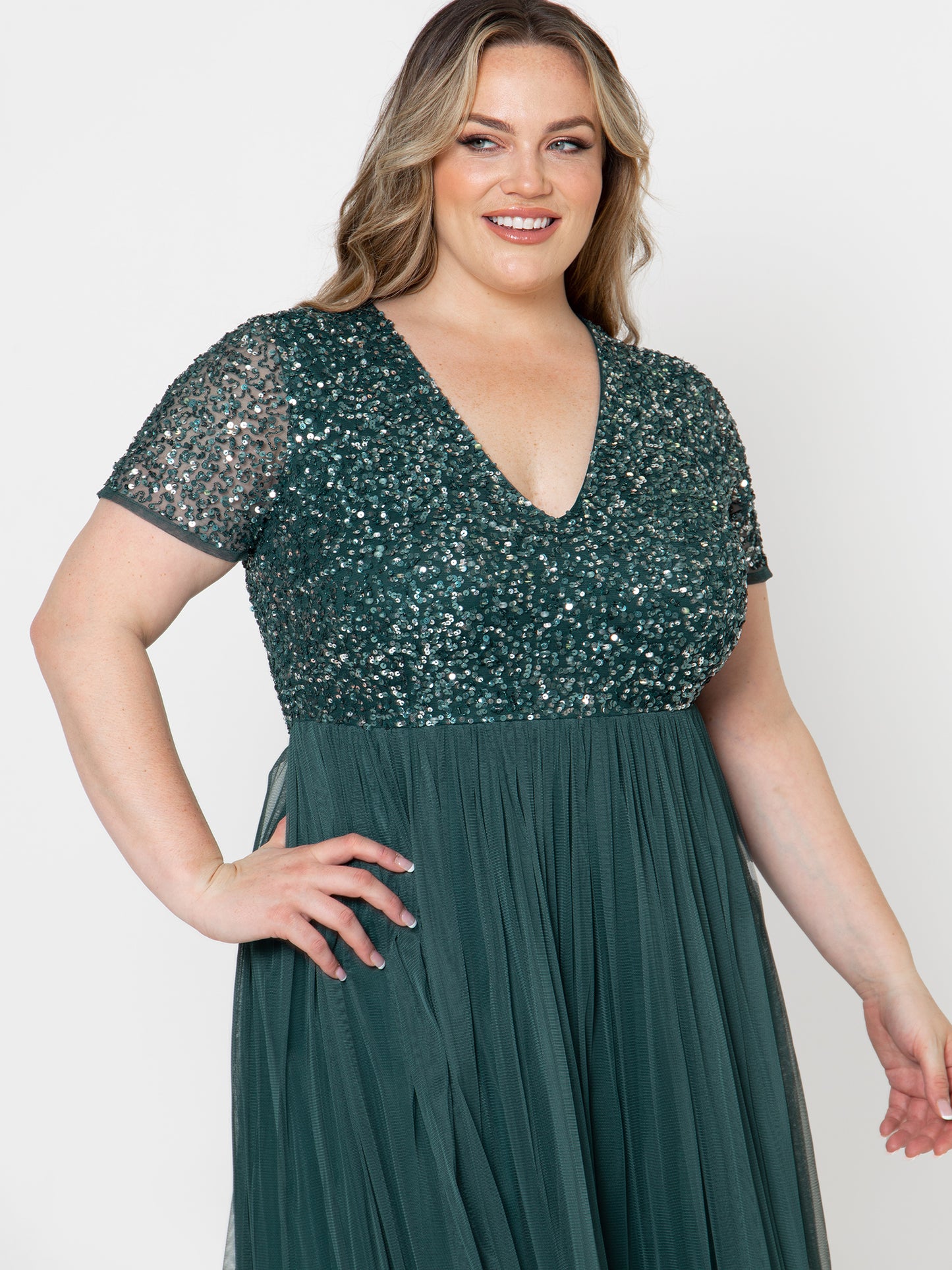 Maya Emerald Green Short Sleeve V Neckline Embellished Maxi Dress