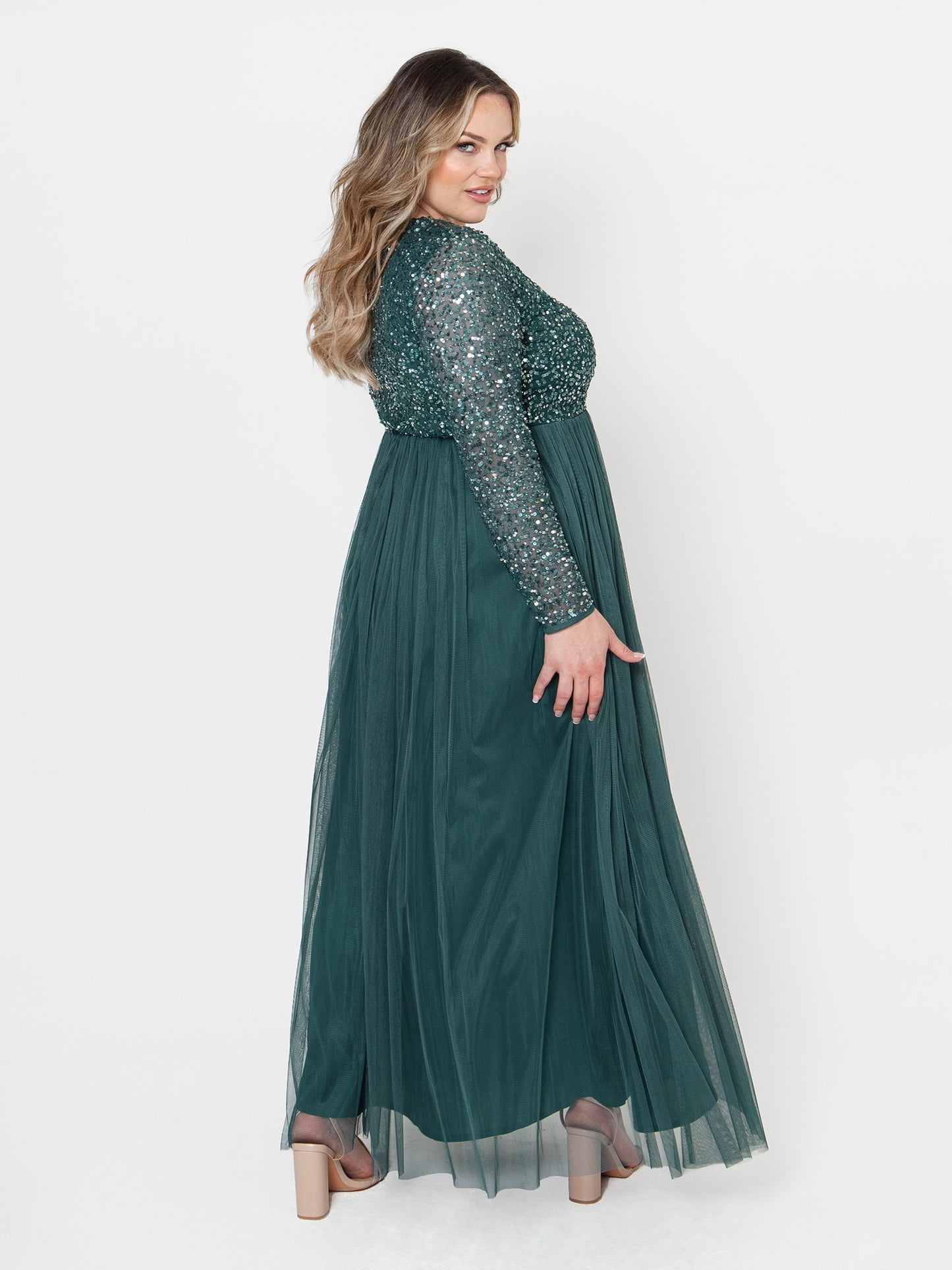 Maya Emerald Green Embellished Long Sleeve Maxi Dress