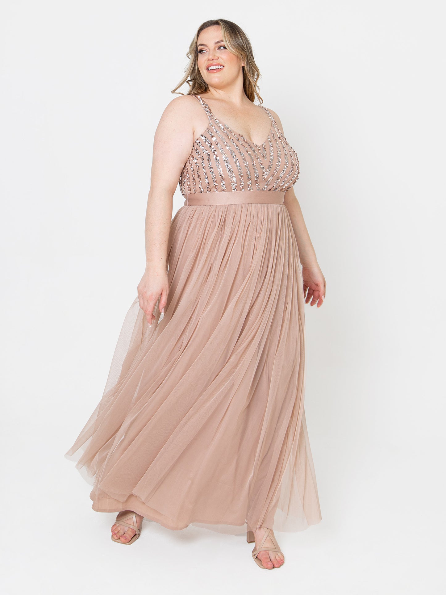 Maya Taupe Blush Sleeveless Stripe Embellished Maxi Dress
