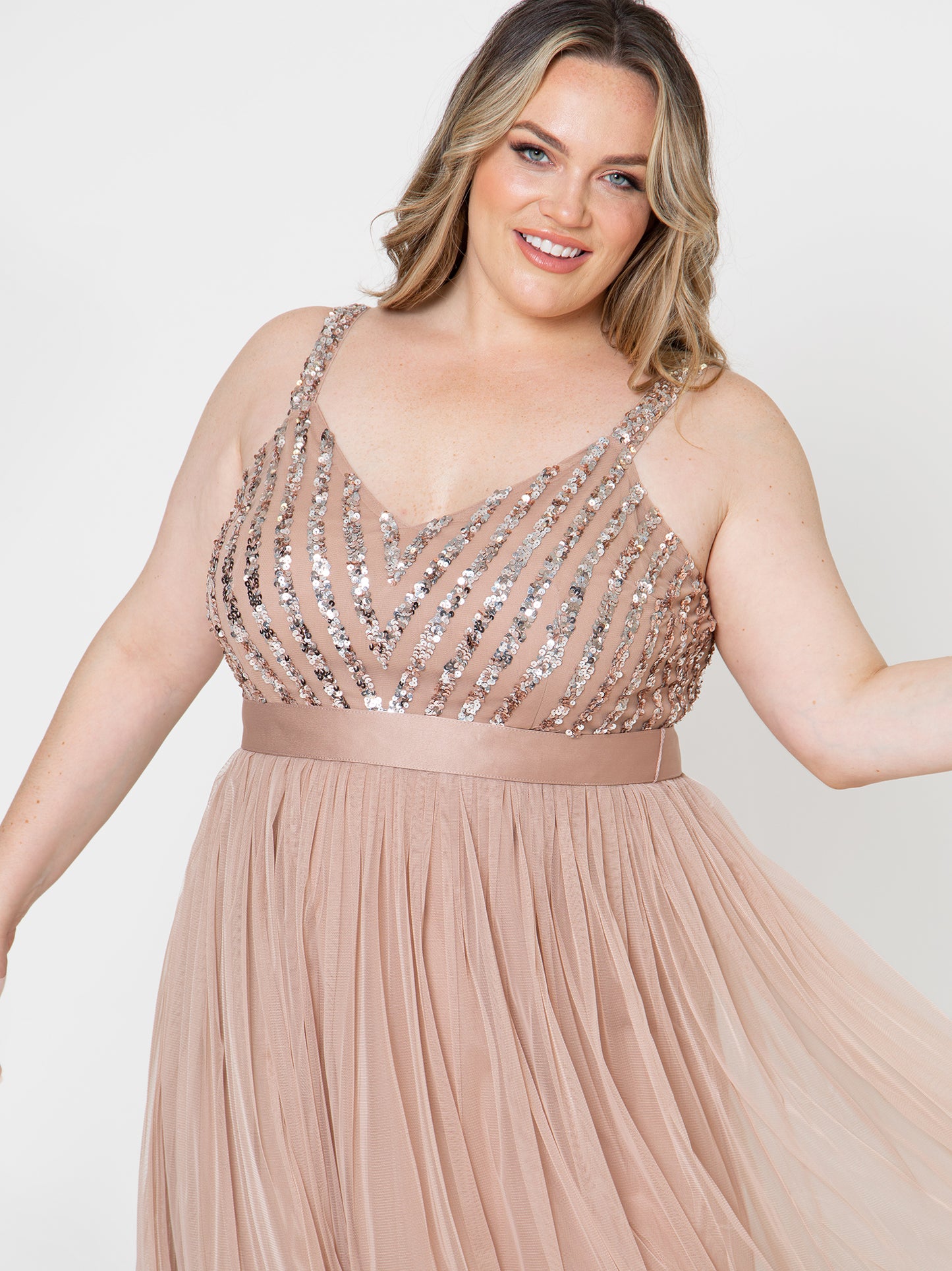 Maya Taupe Blush Sleeveless Stripe Embellished Maxi Dress