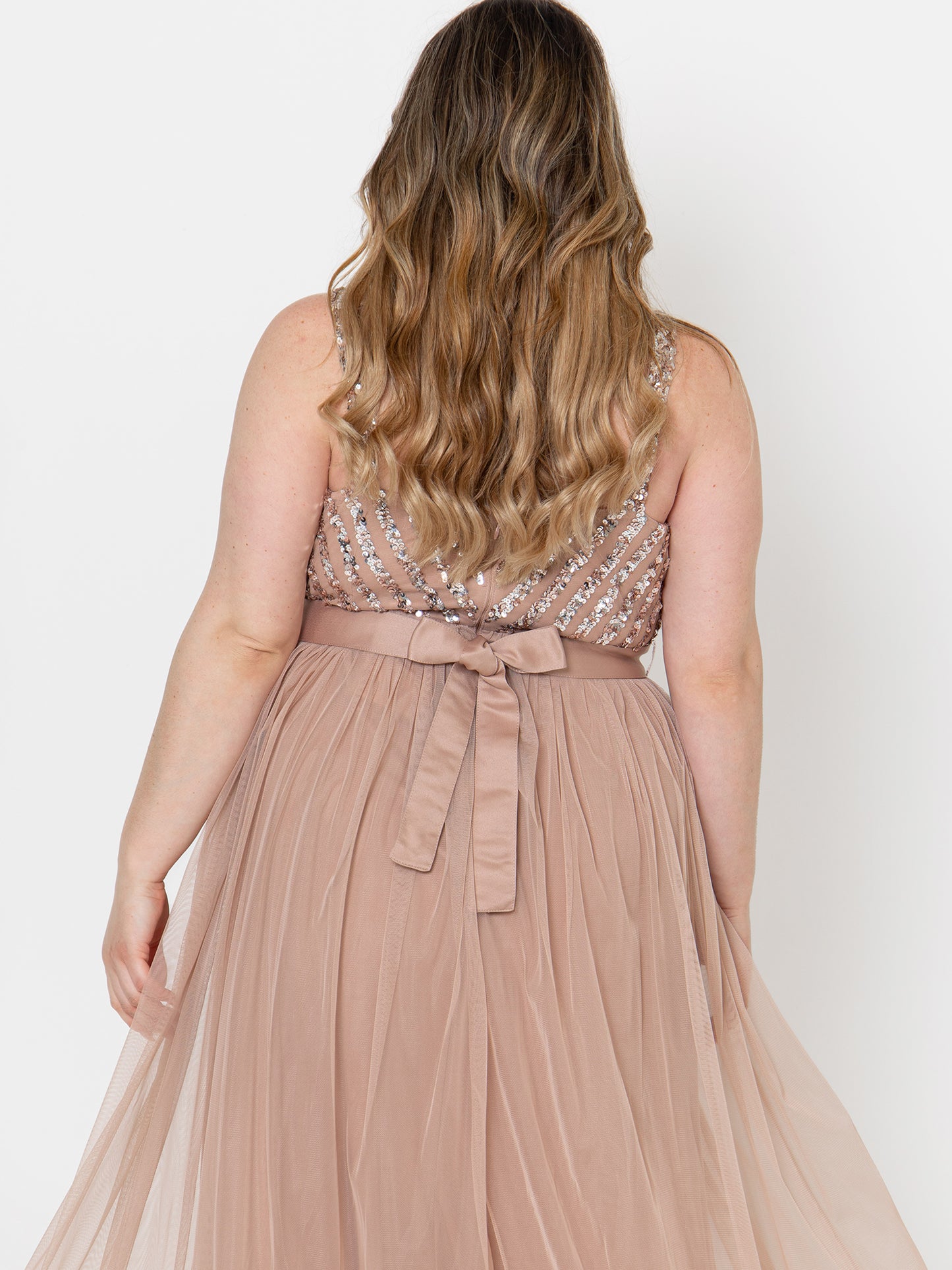 Maya Taupe Blush Sleeveless Stripe Embellished Maxi Dress