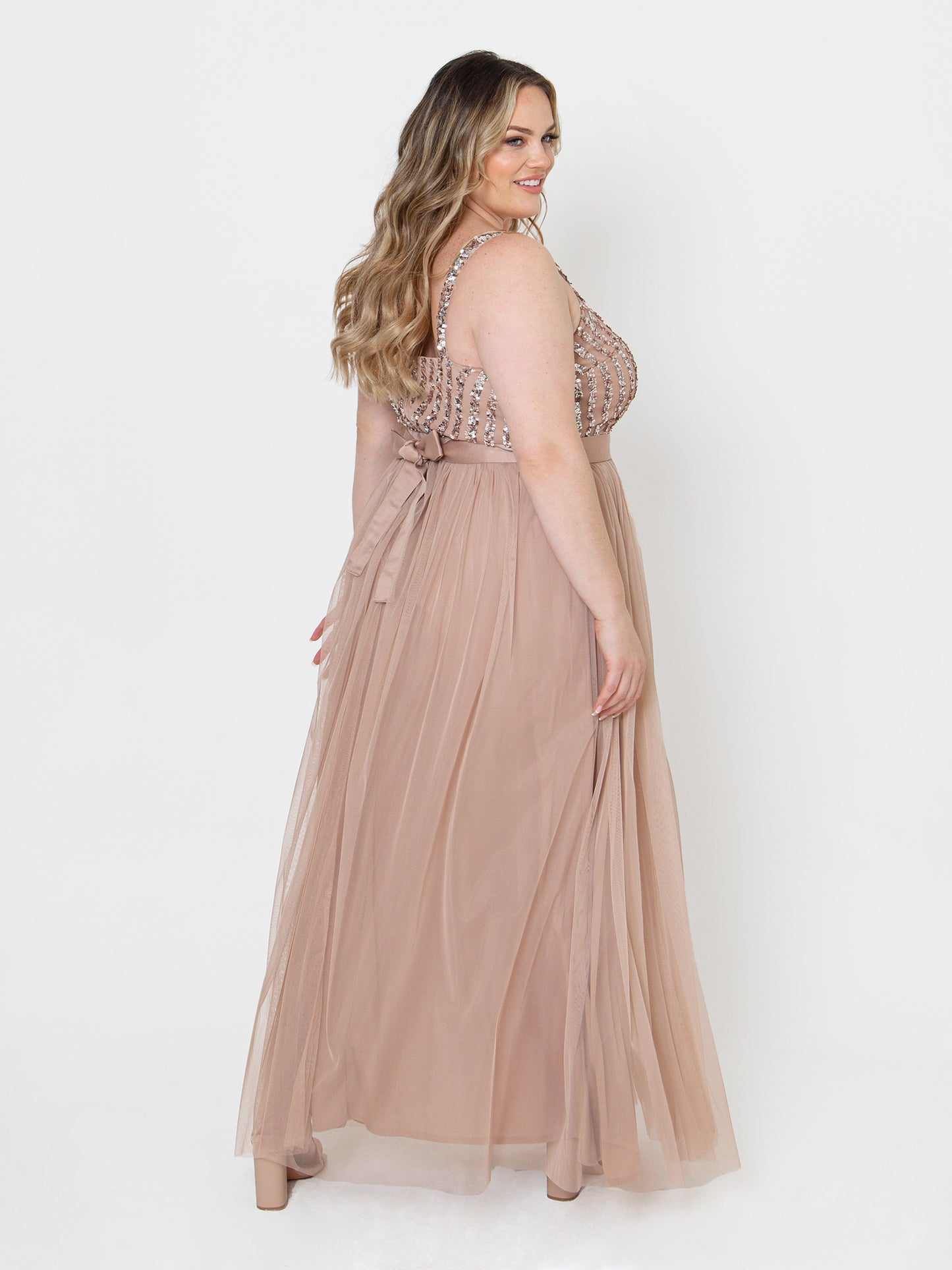 Maya Taupe Blush Sleeveless Stripe Embellished Maxi Dress