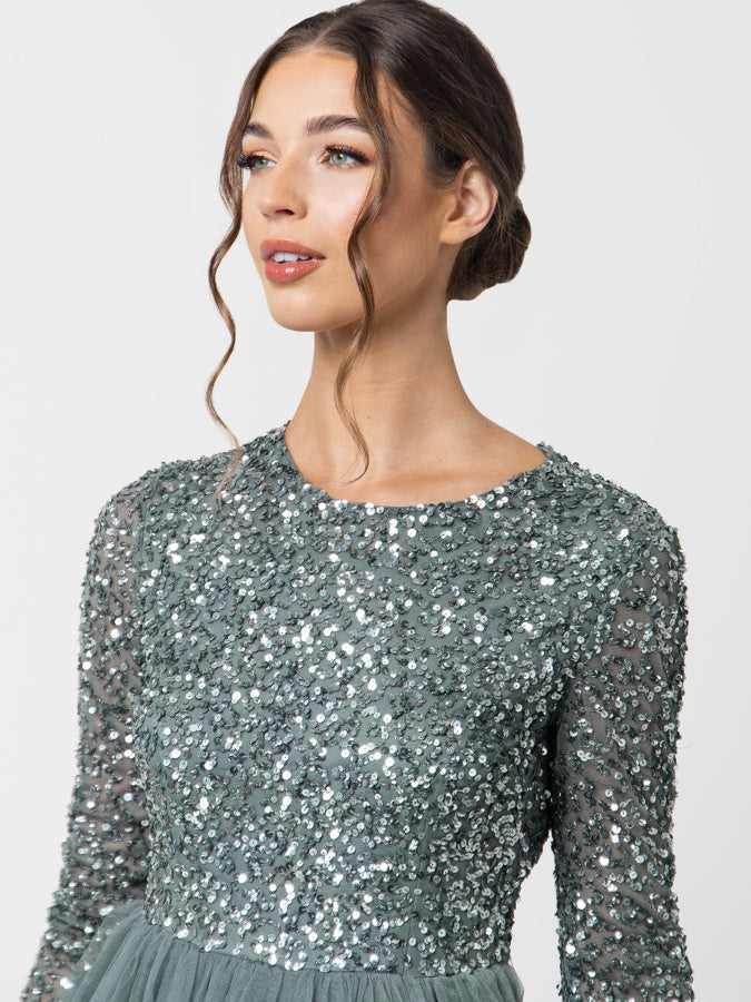Maya Misty Green Embellished Long Sleeve Maxi Dress