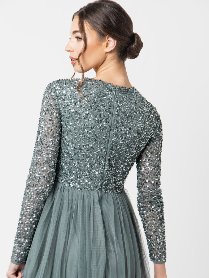 Maya Misty Green Embellished Long Sleeve Maxi Dress