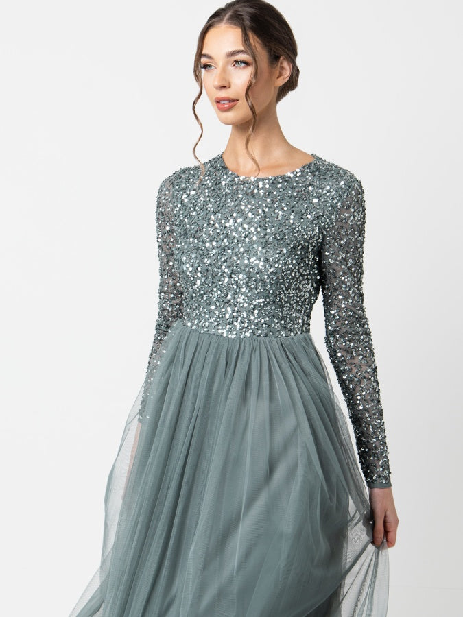 Maya Misty Green Embellished Long Sleeve Maxi Dress