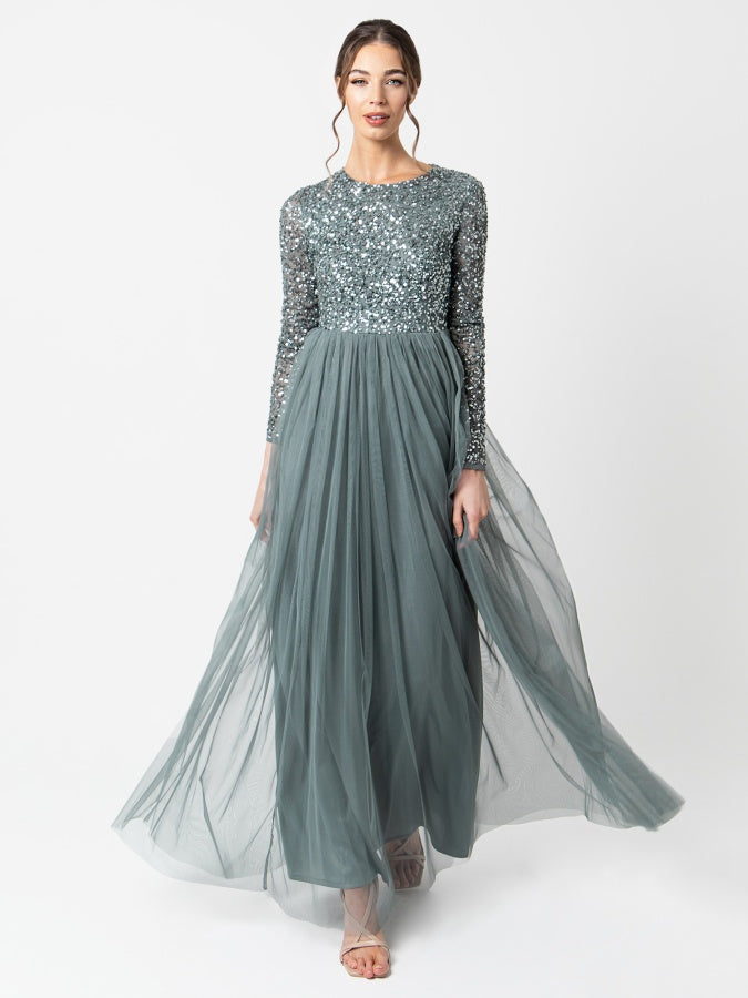 Maya Misty Green Embellished Long Sleeve Maxi Dress