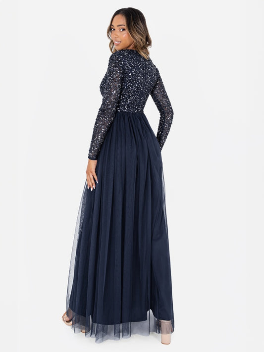 Maya Navy Embellished Long Sleeve Maxi Dress