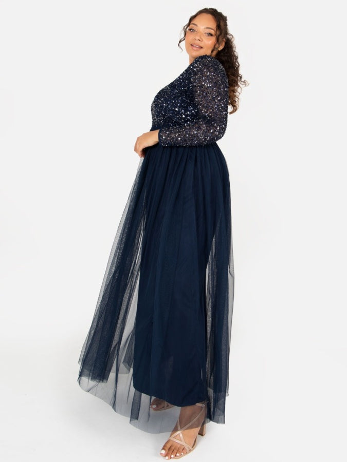 Maya Navy Embellished Long Sleeve Maxi Dress