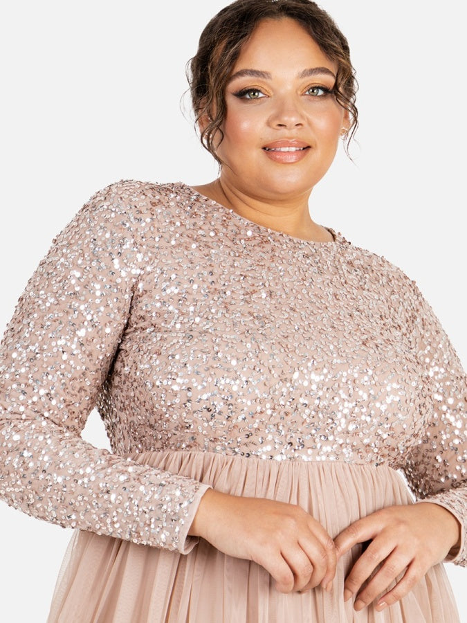 Maya Taupe Blush Embellished Long Sleeve Maxi Dress